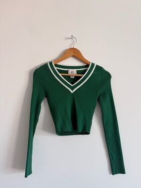 BDG Green Ribbed V-Neck Crop Peeppy Sweater